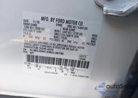 2021 Lincoln Aviator Standard z USA, uszkodzony, nr VIN 5LM5J6WC6MGL06780